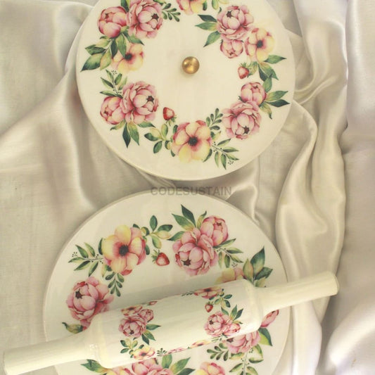 Real Marble Chakla and Belan | Roti Chakla Belan Pink Floral Kitchenware