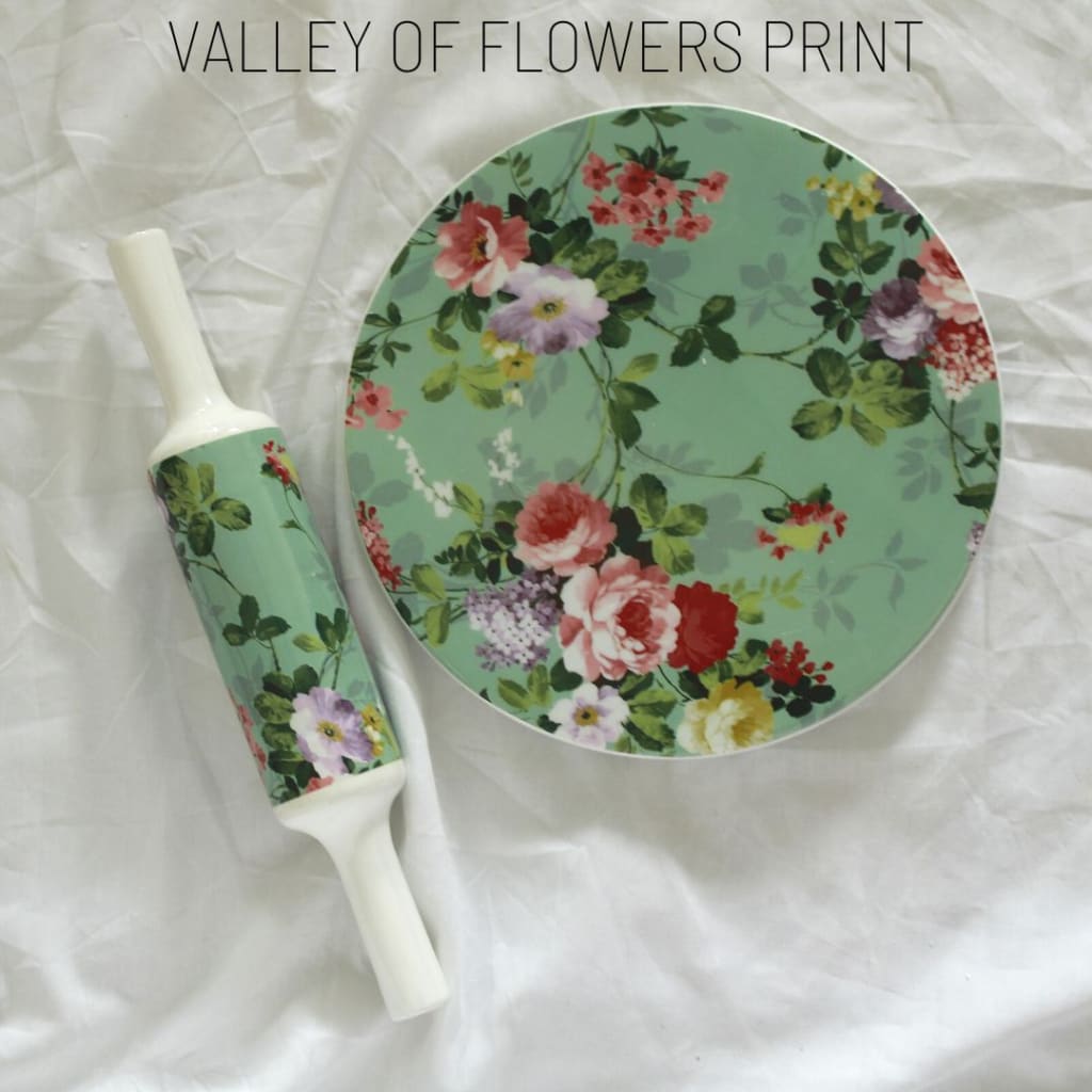 Stoneluxe Real Marble Chakla And Belan | Rolling Board Pin Set Valley Of Flowers - Limited Edition