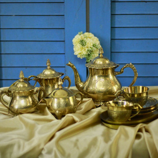 Golden Brass High Tea Set with 6 Cups and 6 Saucers | Gift Box | English Tea Set