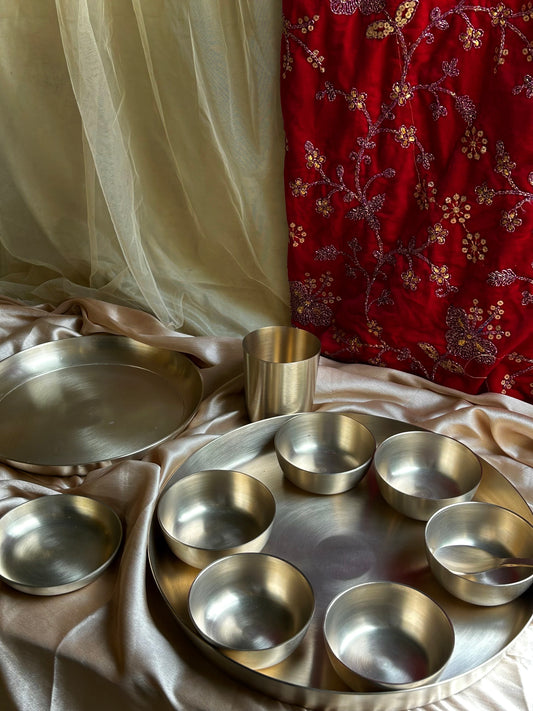 Royal Rajasthani Maharaja Kansa Thali Set | Original Extra Large Kansa Thali Set | Bronze Thali Set (set of 11 pcs)
