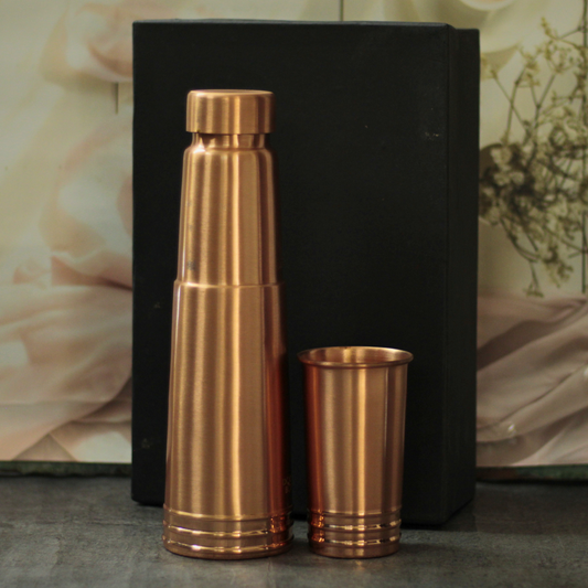 Ribbed Pure Copper Bottle with Detachable Cup | Copper Bottle with  Leak Proof Cap & Glass