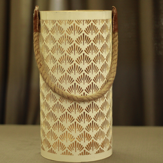 White Metal Flower-Cut Jaali Candle Holder With Handle Home Decor