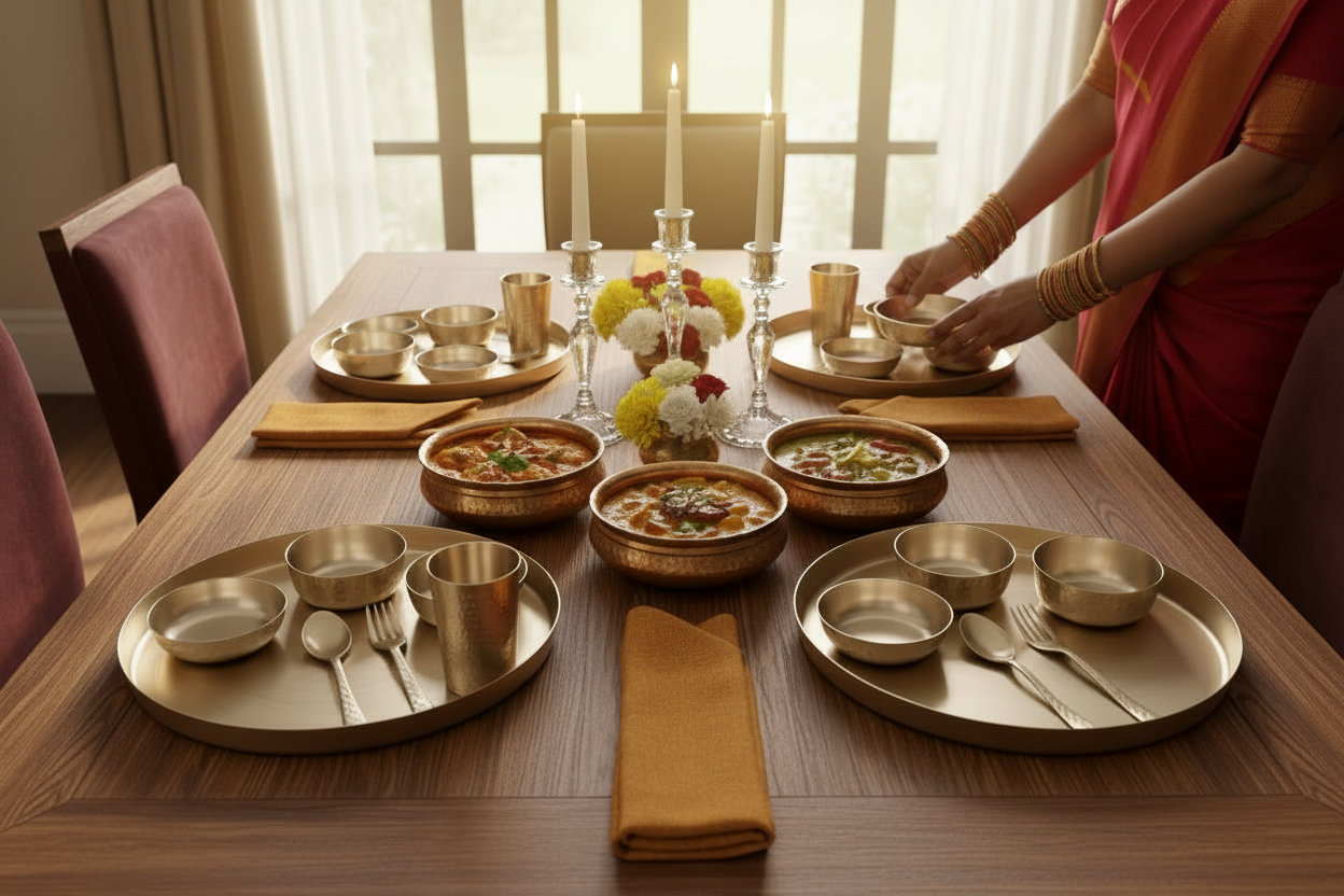 Original Bronze Curve Thali Dinner Set - 6 pcs | Exclusive Large Handcrafted Textured Kansa Thali Set | Gift Box