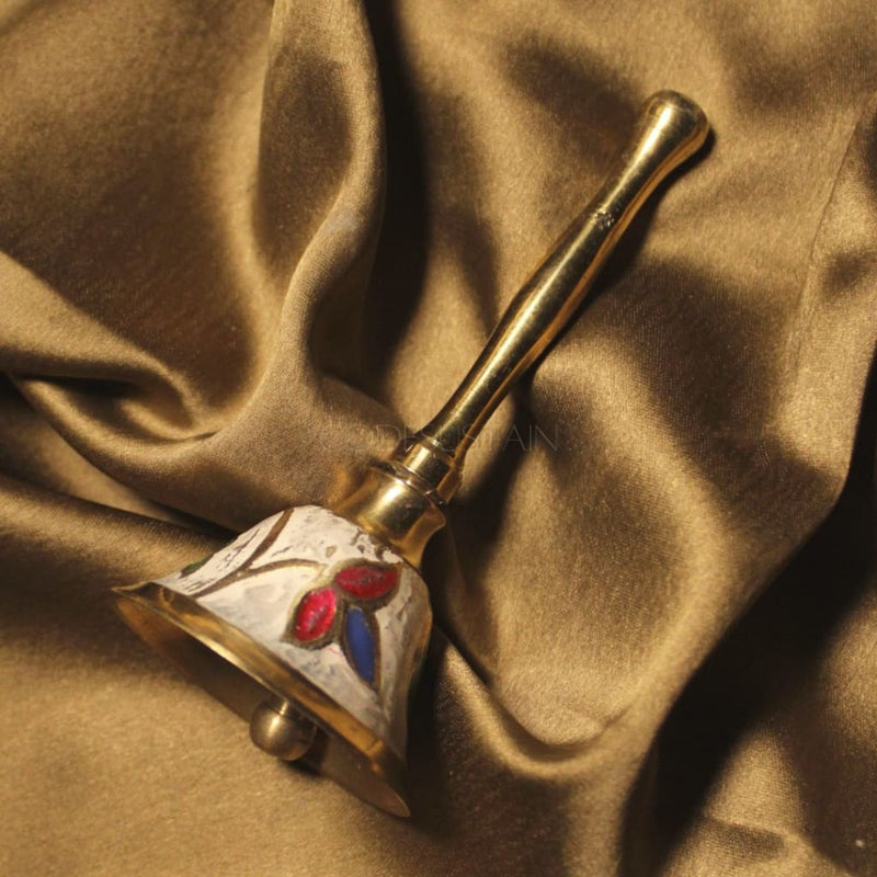 Traditional Brass Bell | Golden Finish Hand For Home Temple White