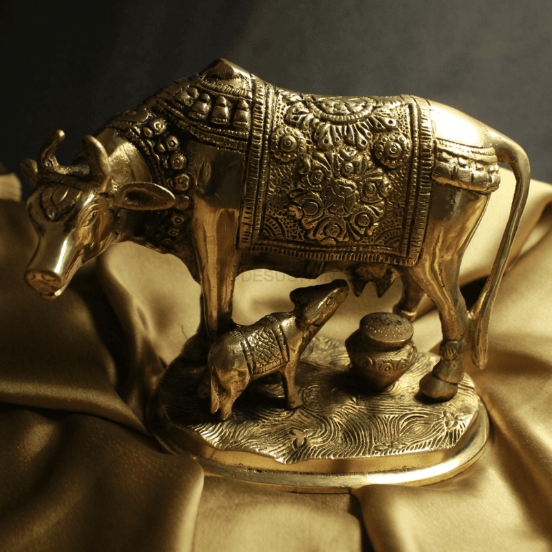 Veda Antique Finish Kamadhenu Cow And Calf Idol L Purifying