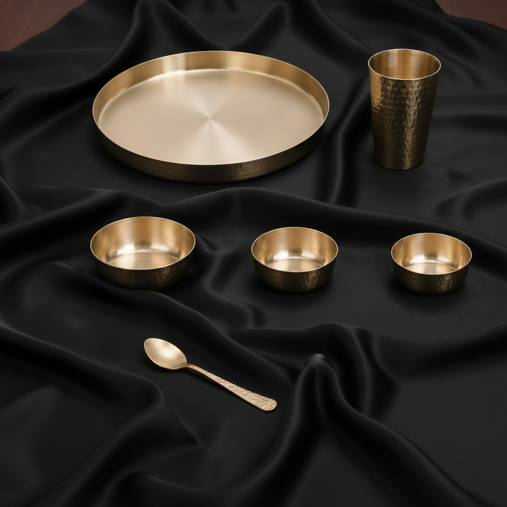 Original Bronze Curve Thali Dinner Set - 6 pcs | Exclusive Large Handcrafted Textured Kansa Thali Set | Gift Box