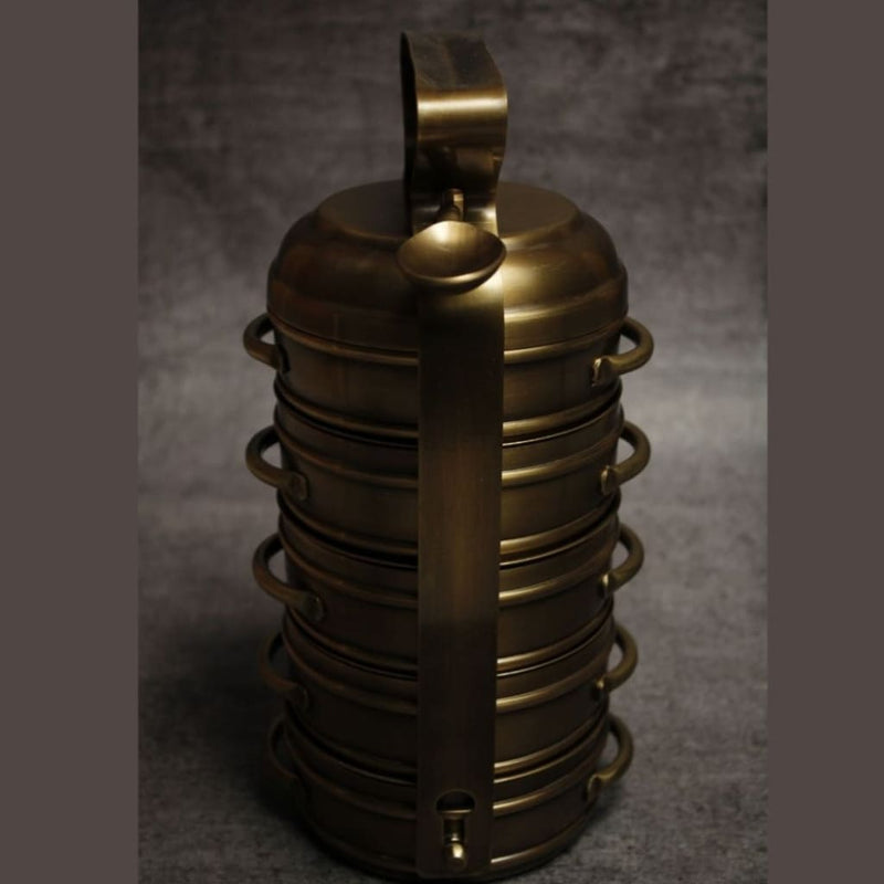 Ayās Antique Gold Style | Matt Vintage Style | Brass Tiffin 5 Tier with Serving Spoon - Codesustain