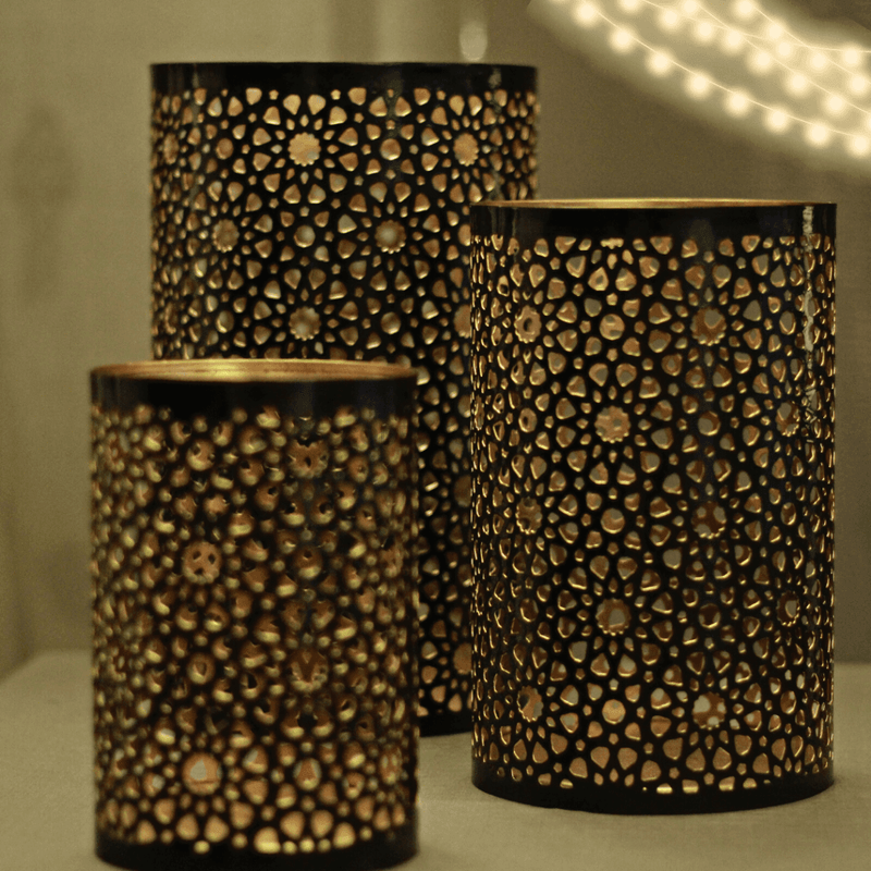 Black Gold Metal Flower Jali Pattern - Set Of 3 Candle Holder