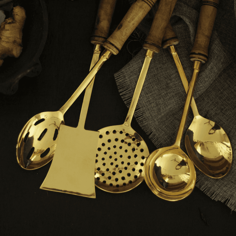Brass Cooking Ladles | With Wooden Handles (Set Of 5)