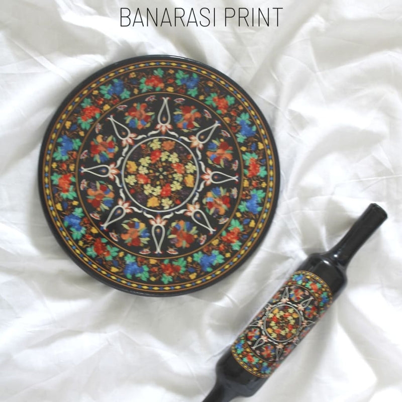 Stoneluxe Real Marble Chakla And Belan | Rolling Board Pin Set Banarasi Print