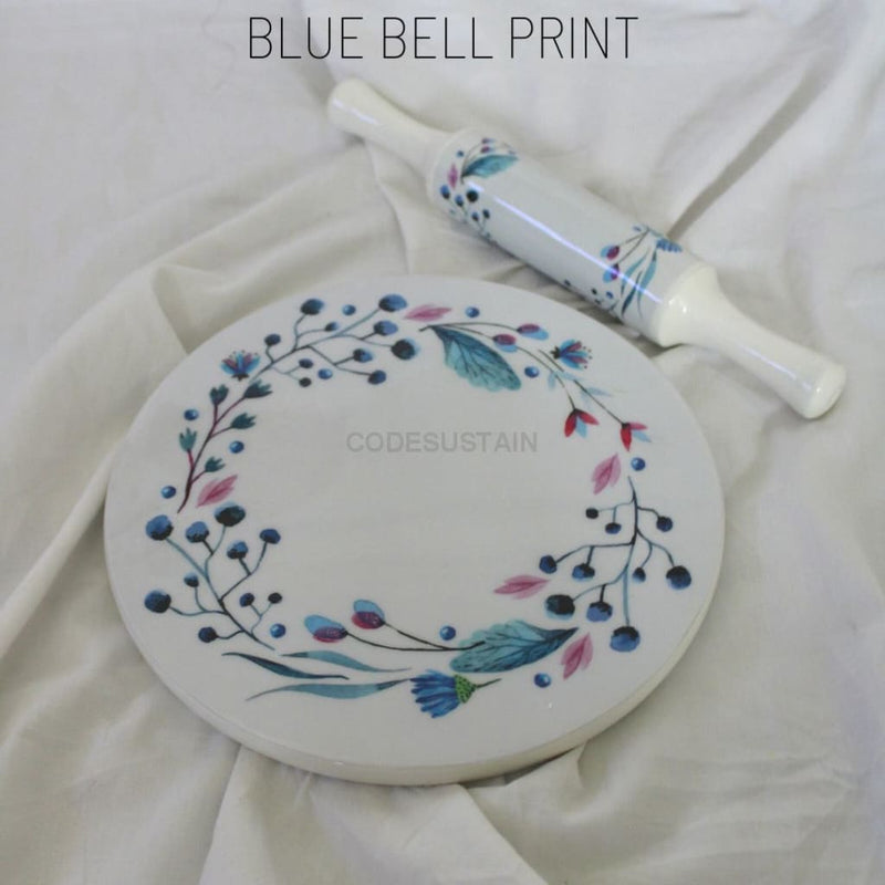 Stoneluxe Real Marble Chakla And Belan | Rolling Board Pin Set Blue Bell Print