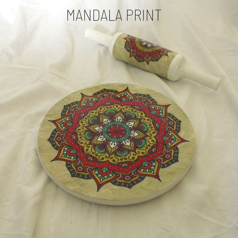 Stoneluxe Real Marble Chakla And Belan | Rolling Board Pin Set Mandala Print