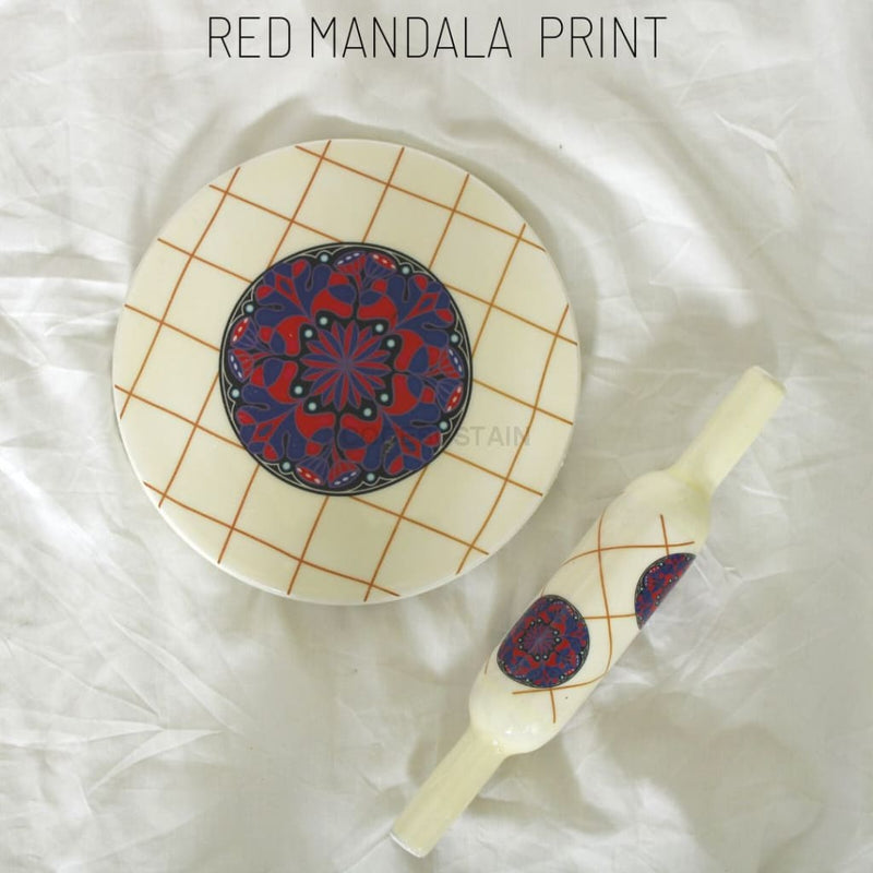 Stoneluxe Real Marble Chakla And Belan | Rolling Board Pin Set Red Mandala Print