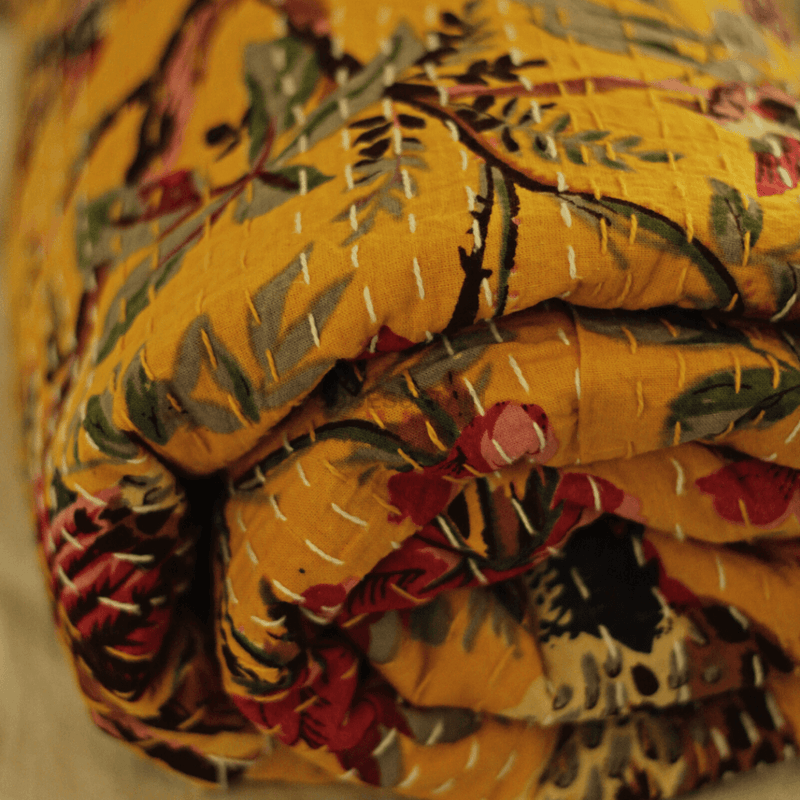 Kosa Bohemian Hand Block Printed Cotton Quilt | Razai - Vibrant Yellow Leopard Print