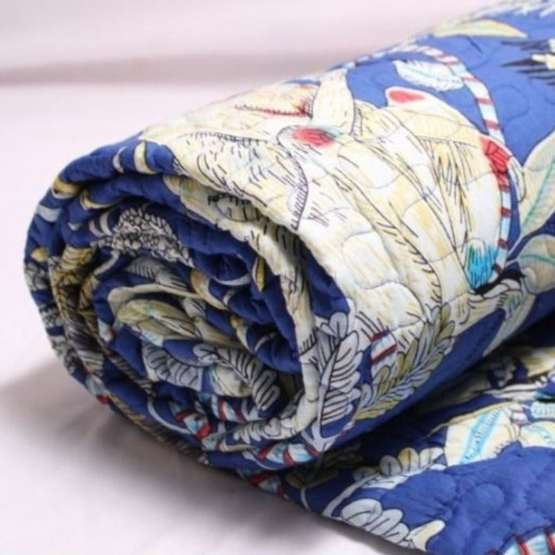 Kosa Hand Block printed Cotton Quilt | Razai | Reversible -  Blue Animal Print - Codesustain